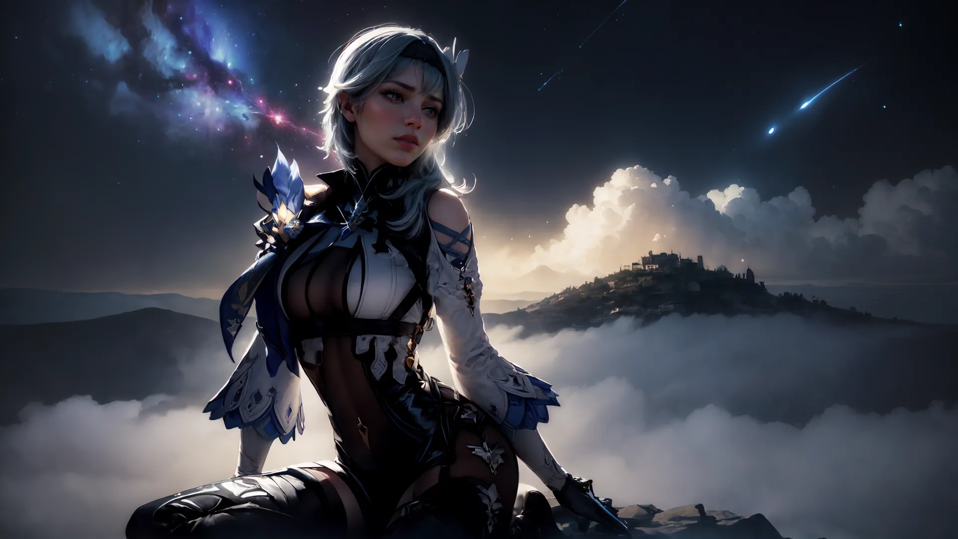 a beautiful young woman sitting on top of a mountain with her sword up to her chest, watching moon rise above the sky and stars in the night time