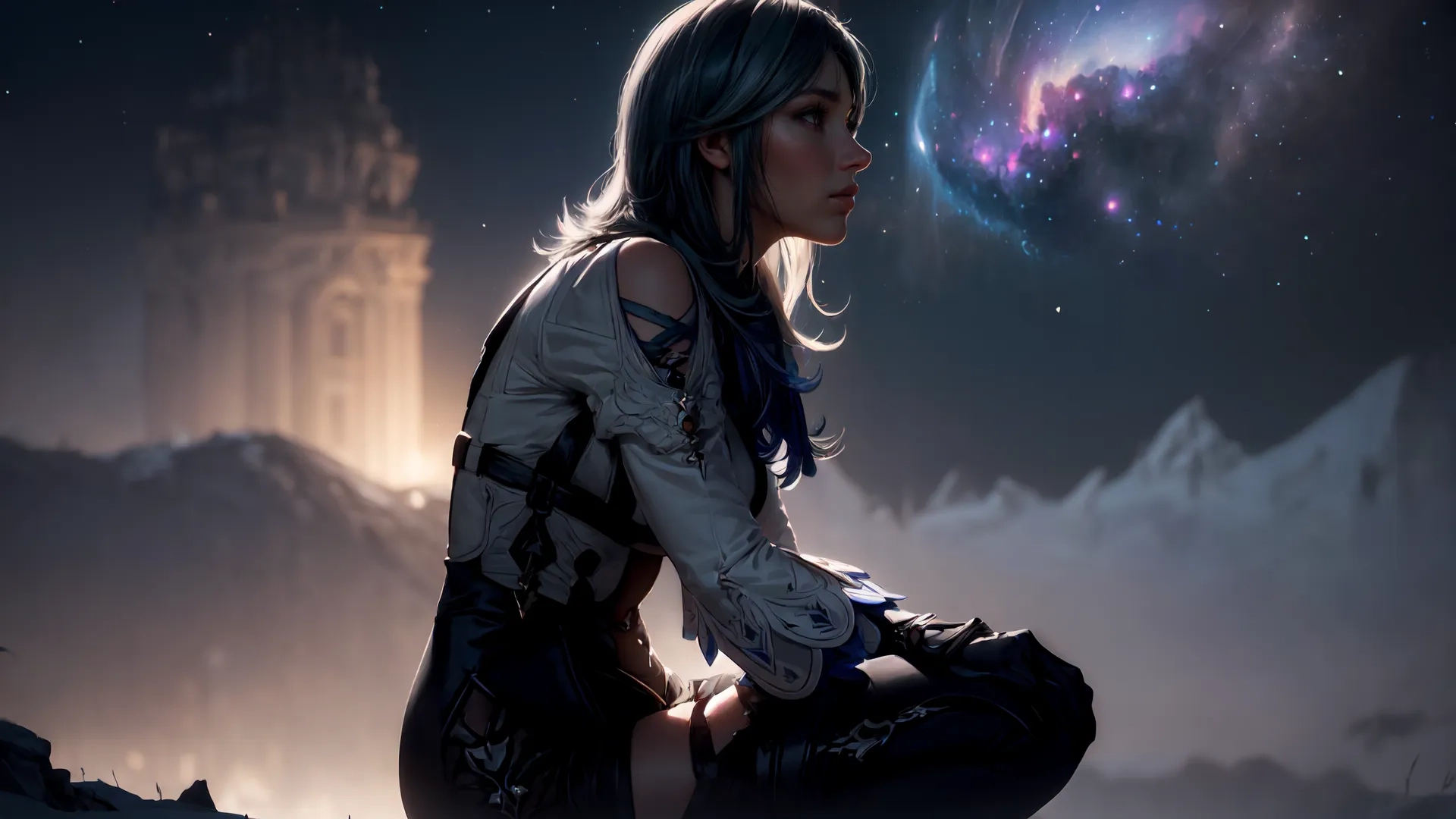 two people are kneeling down in front of some stars on the background and mountains and a building in distance for use in the game design work environment