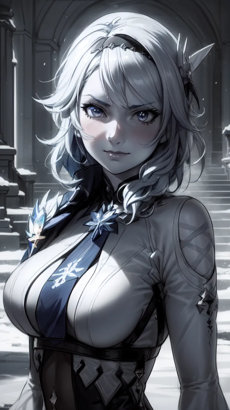 the bustless female anime character is posing for the picture in the air while she's wearing her costume and her hair tied back with horns