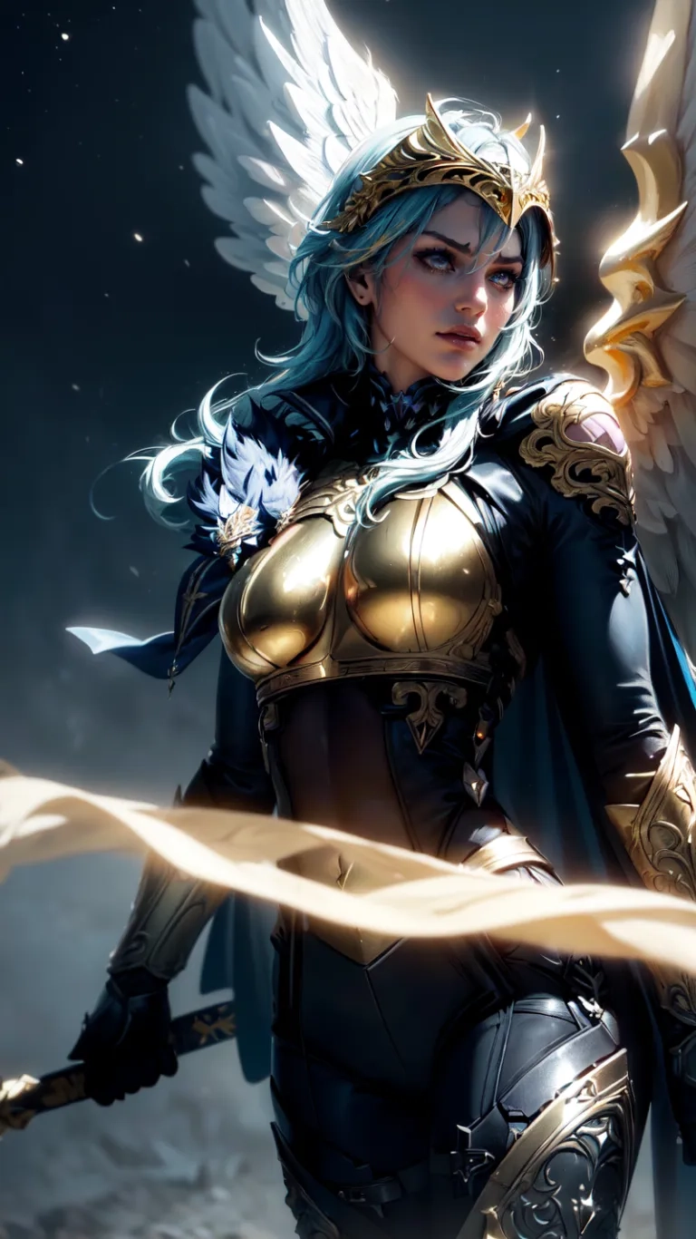 a woman with blue hair holding a sword in her right hand and surrounded by fire and ice swirling around her body as she stands on the sand
