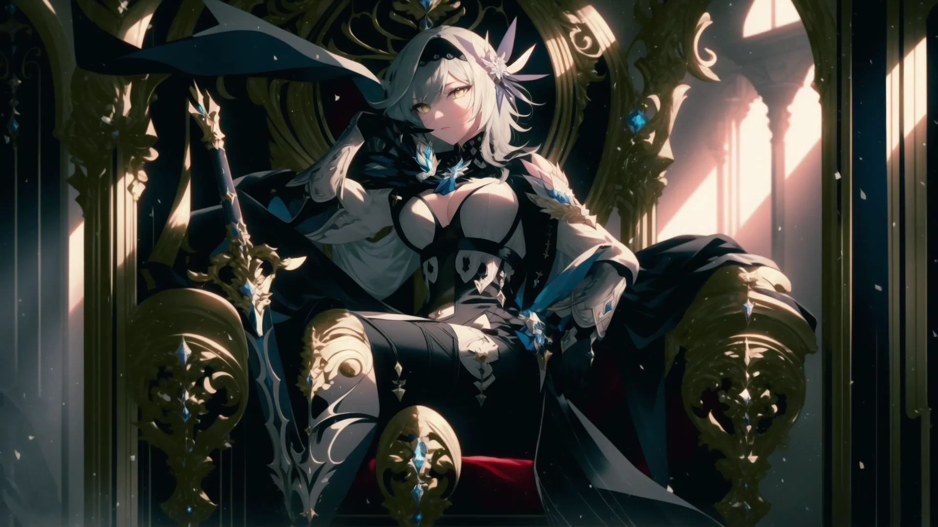 a woman sitting on a chair holding a sword in a room filled with golden and red ornate decorations, looking at the viewer from behind her back