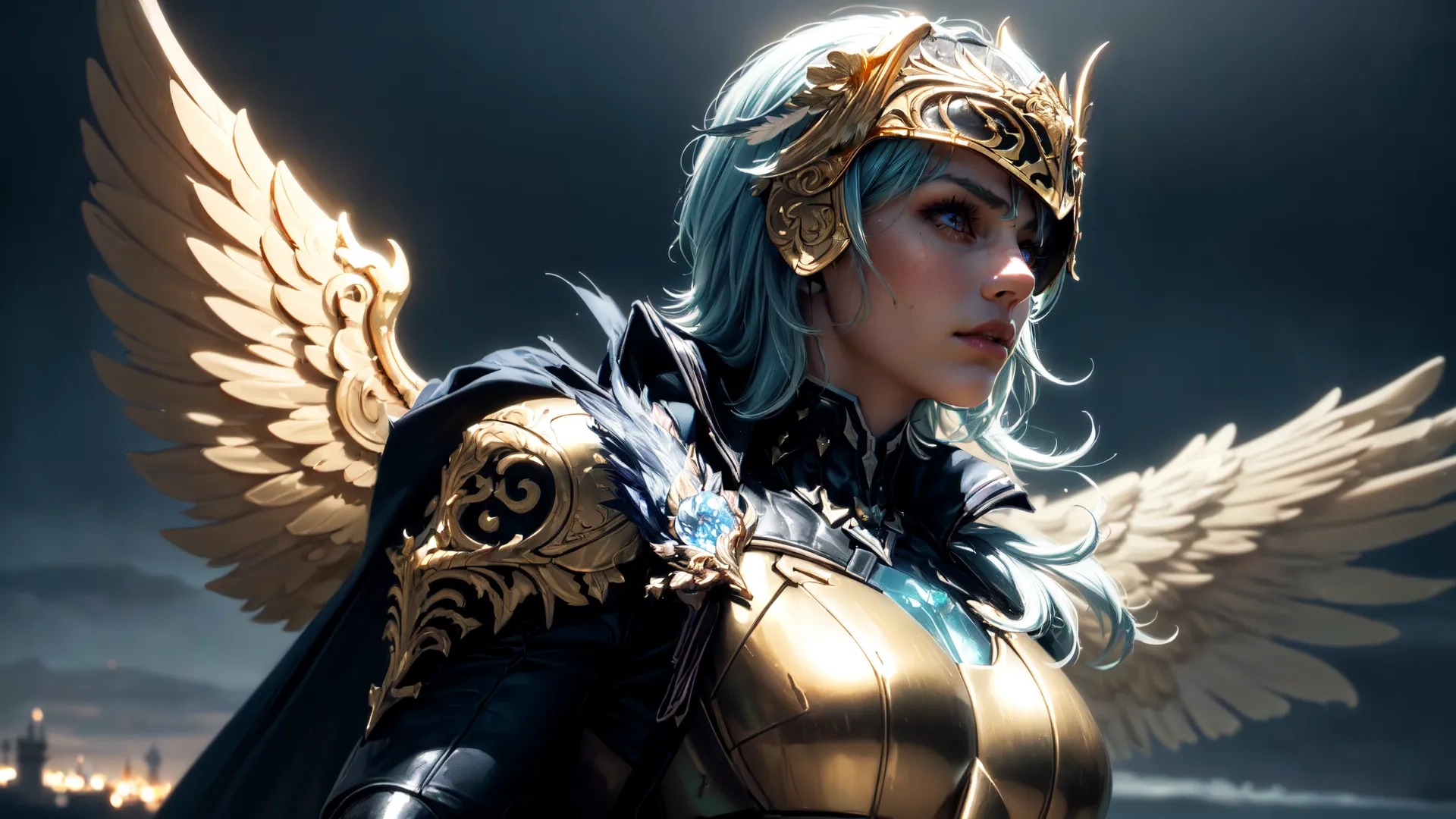 a girl from a sci - themed video games on the beach wearing armor and blue hair and wings, standing by her water at night time and looking