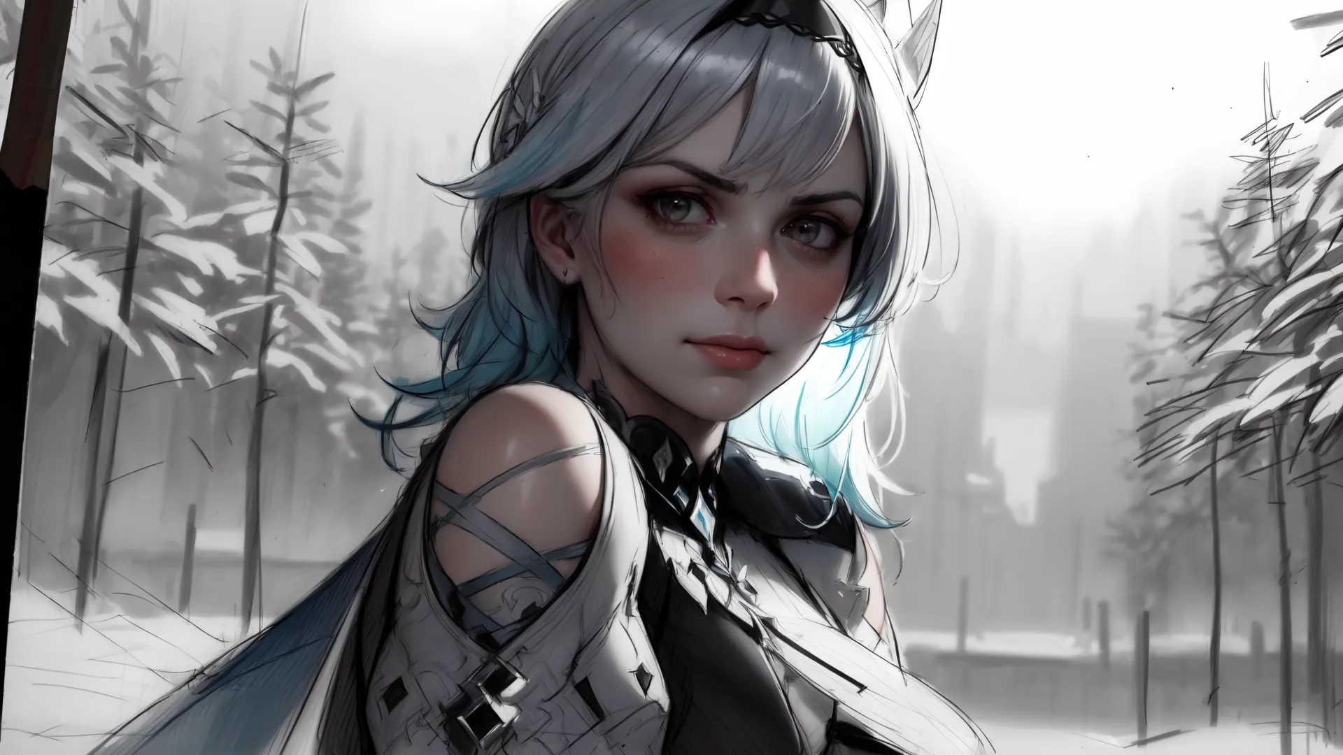 a woman with blue hair posing in front of some trees on a snow covered platform area beside an icy and snowy sidewalk, and a tree line of buildings
