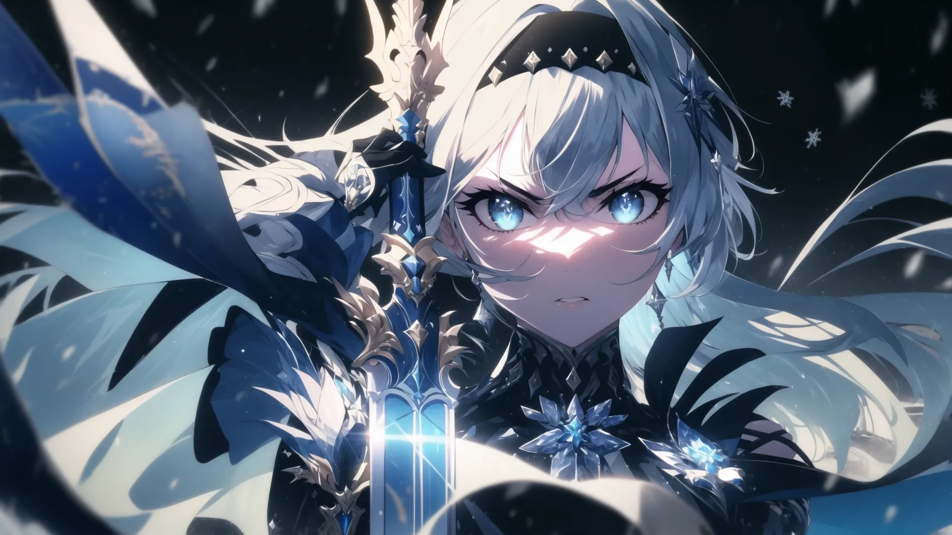 a girl with a sword in her hands, standing in the snow on top of a blue floor with the sky in the back ground while snow,
