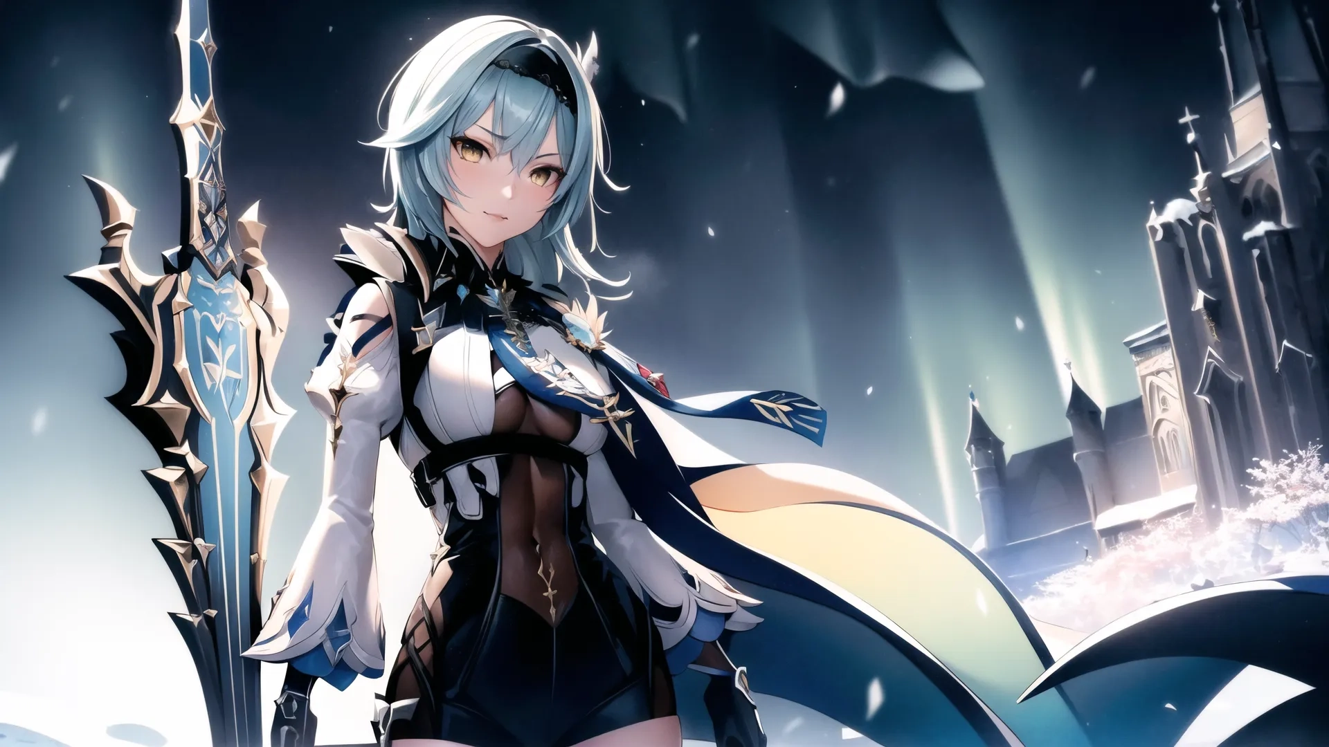 girl with sword looking at camera wearing dark and white clothing and a sword in the middle of city at dusktime in winter time photo illustration style