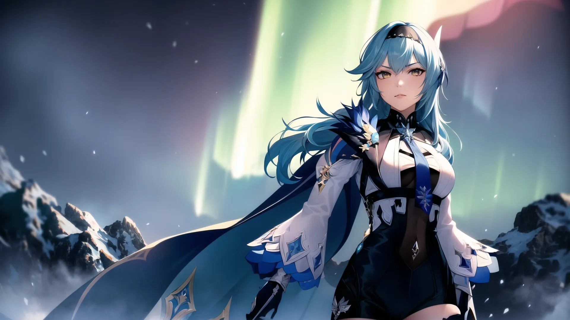 a lady dressed in black standing by some snow covered mountains and aurora lights in the sky behind her and some people walking on the hillsides in distance