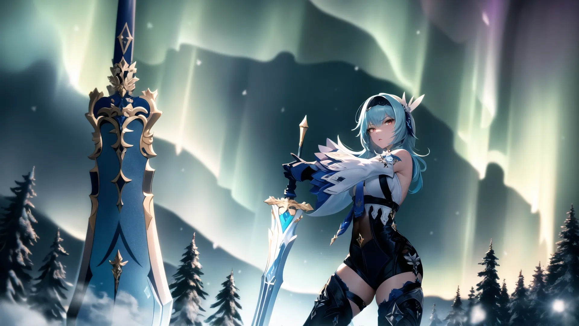 the anime character has just finished her next battle with three swords around her and a forest background behind her with trees, snow, and aurora lights