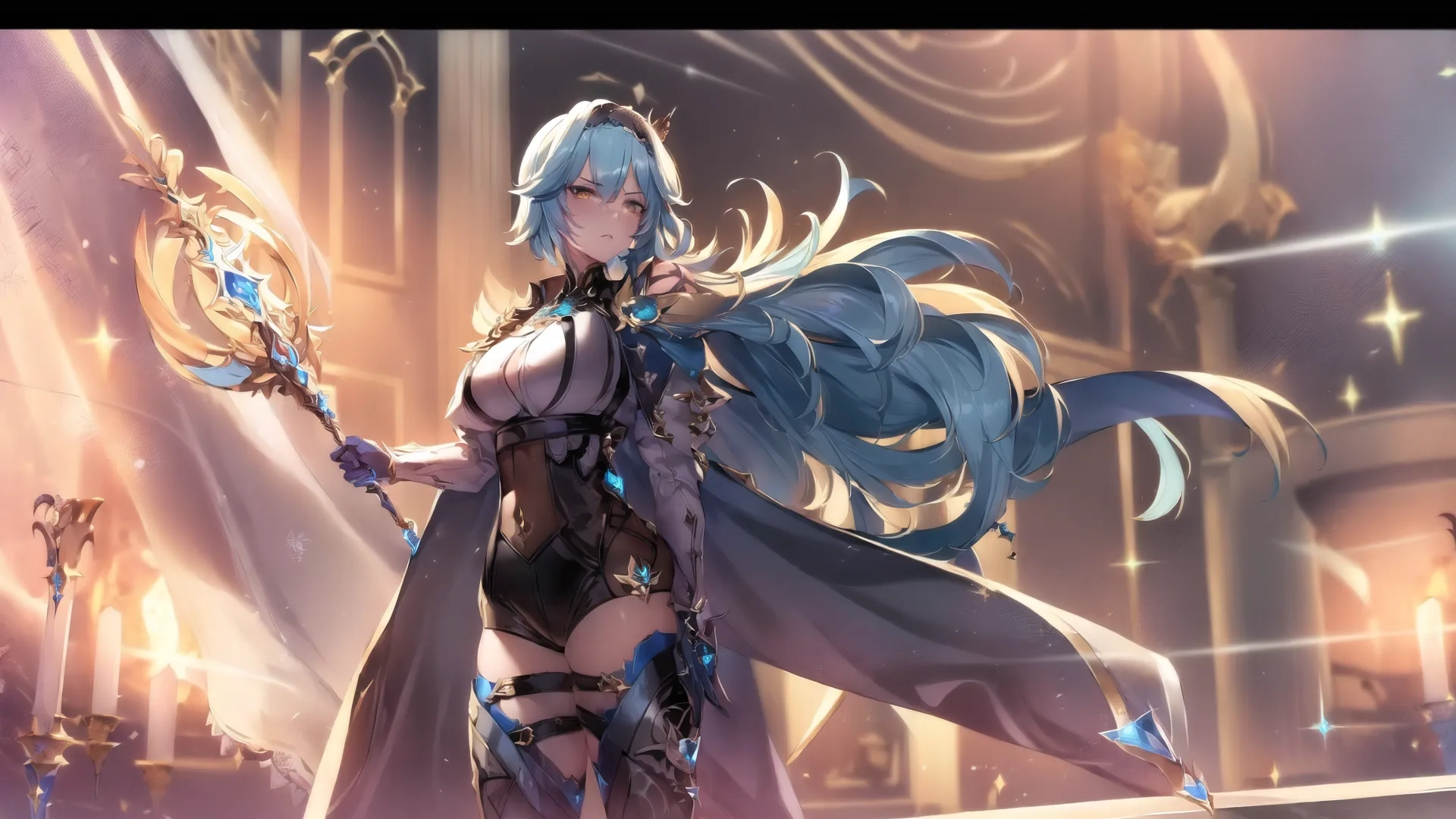 a girl stands alone and is holding a sword and crystal stone in her hand at the end of an elaborate stage setting with lighting illuminatings overhead