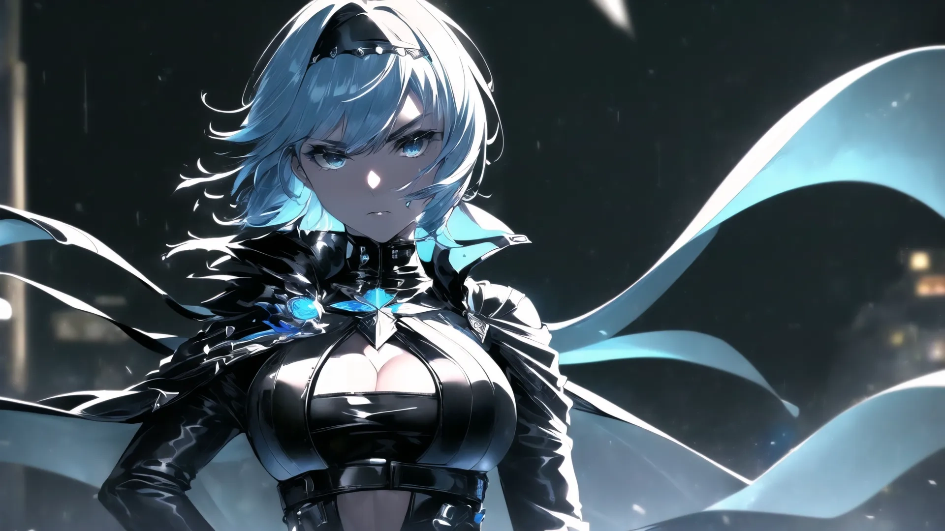 a girl with grey hair and a black suit posing for the camera on a dark night background with lights in the dark room behind her is a city
