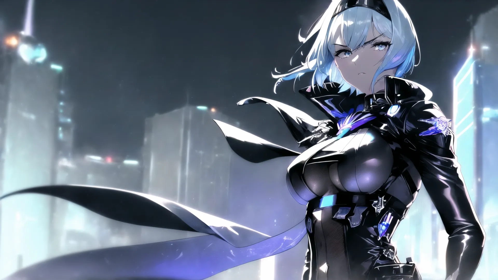 3d - art character in futuristic, fantasy, cyber fashion outfit with futuristic city lights background at night time scene from anime series hd 1920rive