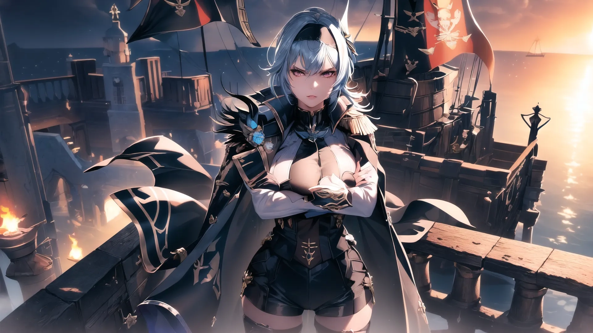 a girl stands next to another woman on a boat on a river with ships and flags in the background to depict her hero's story's journey