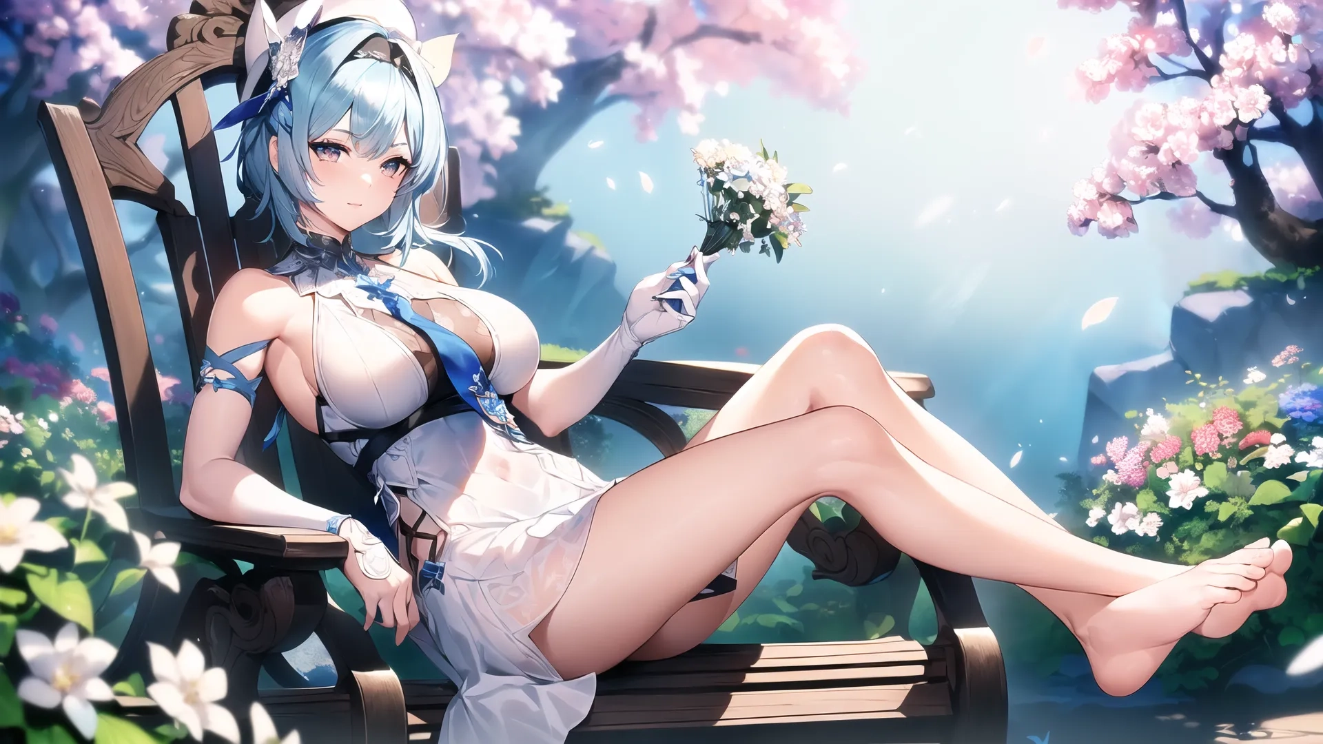 a girl sitting on a wooden park bench in front of flowers and butterflies in a fairy garden, holding a bunch of white flowers, near a small bouquet