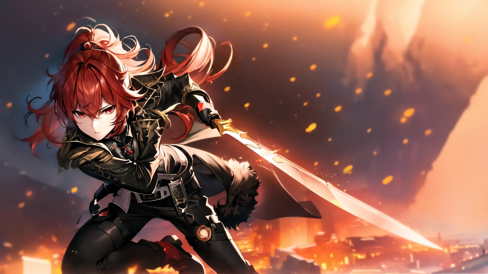 a woman dressed in black holds two swords in one hand and looks very evil at the camera and fire flames surround her in the distance beyond her