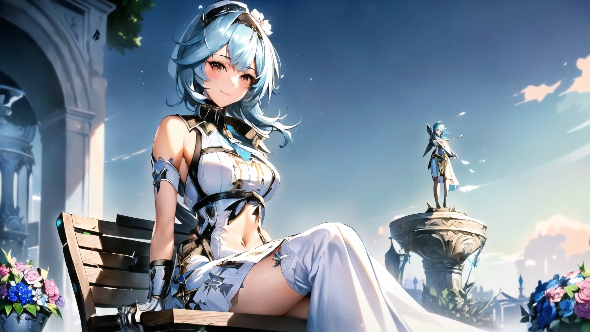a woman that is sitting on top of a wooden bench a fountain in the background with flowers in it ascend to her blue hair and hair