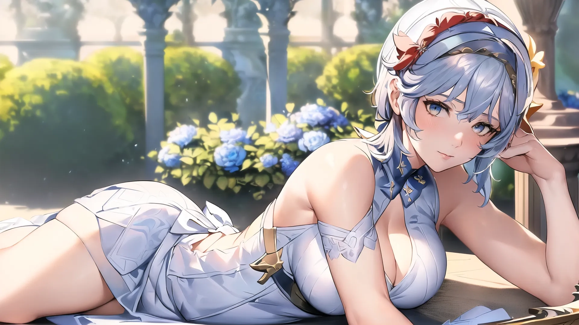 a lady that is laying on a bench reading a book and a pen in her hand, on the ground next to a table of some flowers, trees