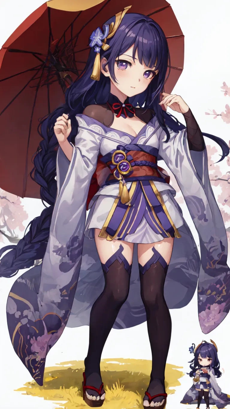 a woman dressed in purple holding an umbrella next to two little people in the background, with a red tree on a sunny day and white and blue sky