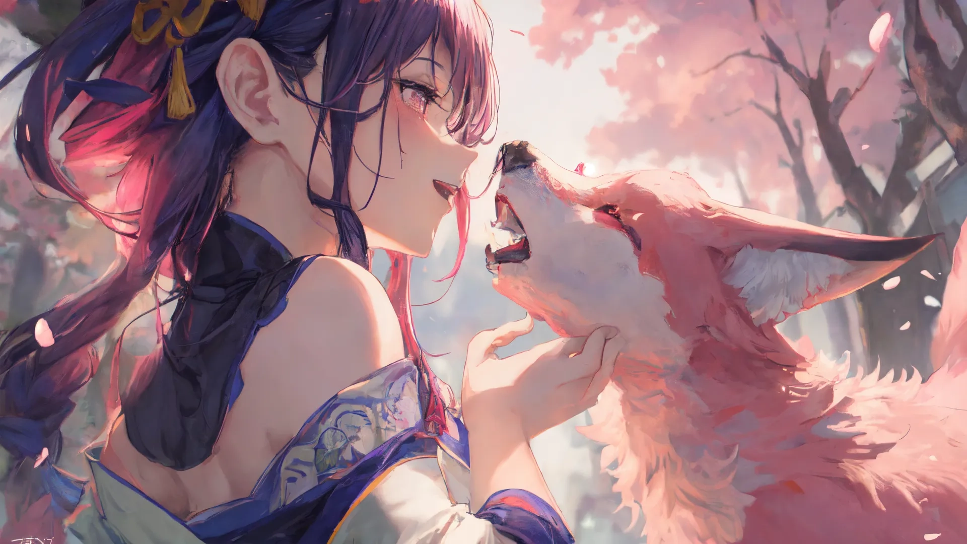 a cartoon dog with pink hair standing next to a woman's head, and another in another's hair facing off towards her chest that is facing the wolf and a dog's head