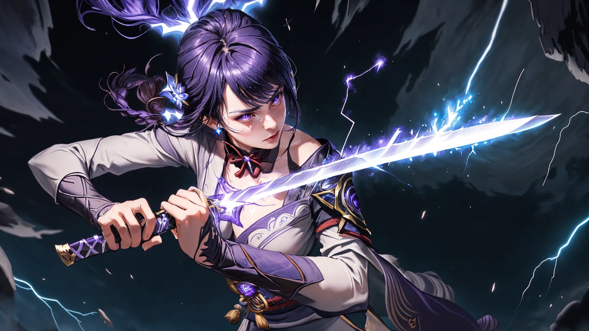 a woman wearing armor on holding a sword and a flashlight in her hand surrounded by clouds and lightning bolts behind her, dark haired hair with purple hair