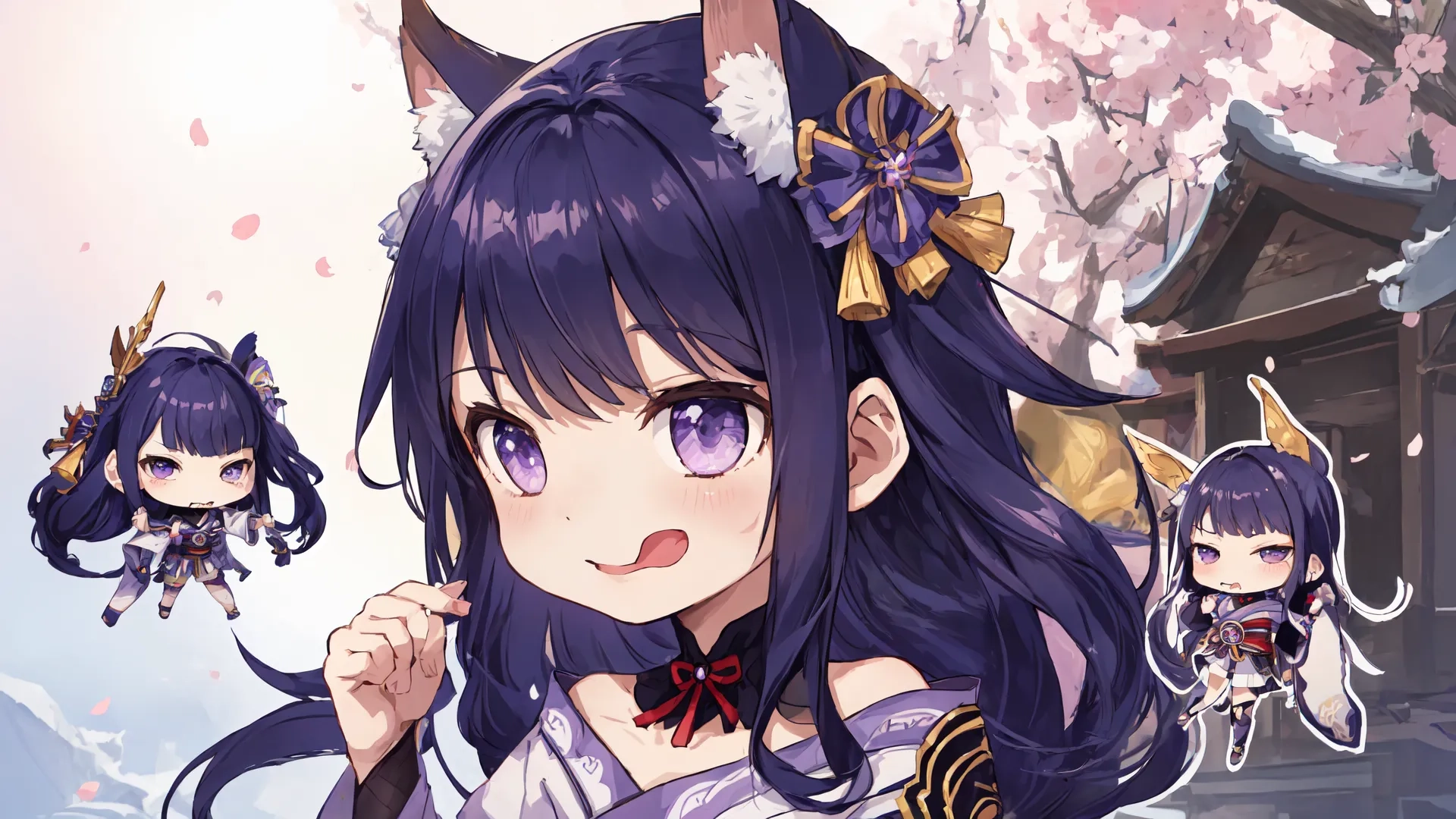 a woman with a large bunch of horns over her shoulder wearing a costume as cats ears, bow ties and other girl characters surround her by with many flowers