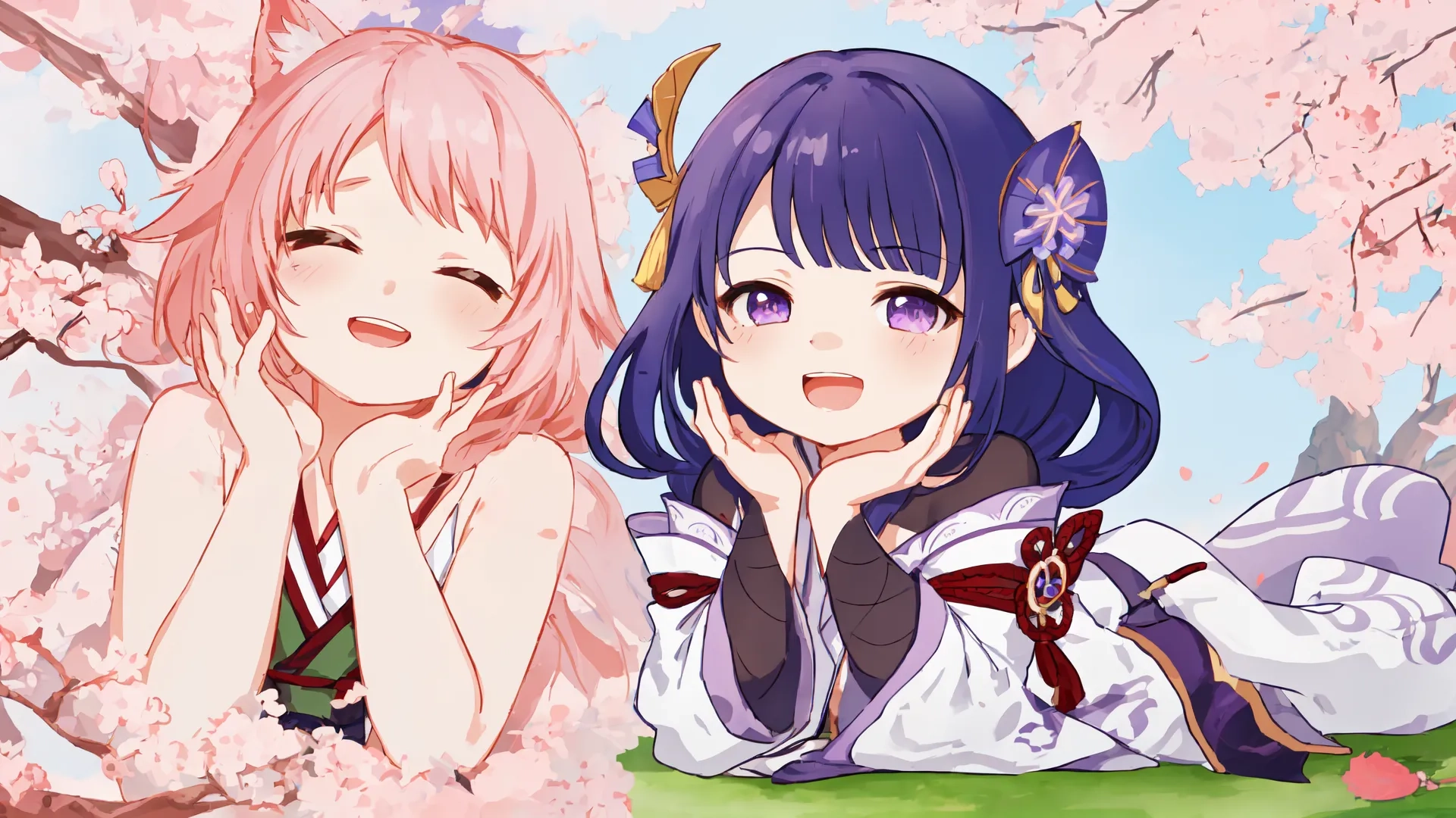 two anime characters lay together in front of some flowers with pink hair and black eyes, dressed in traditional clothes, laying on the ground in spring weather