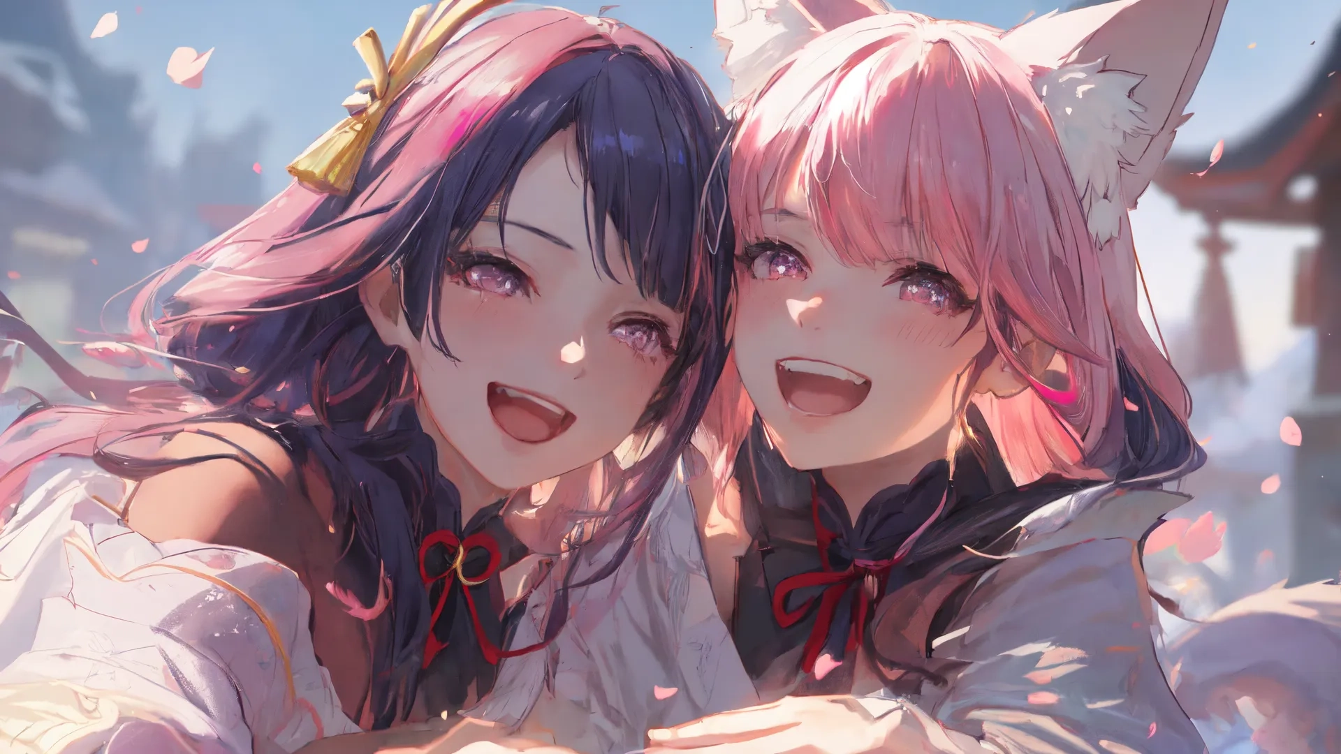 two girls are standing next to each other with their faces wide open, both dressed like ears and ears, hugging each other while surrounded in pink petals are falling from the sky
