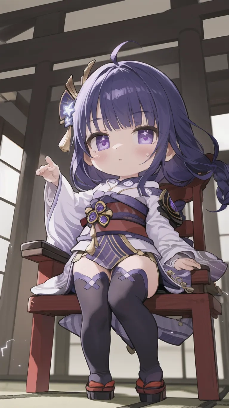 two anime girls sitting down one wearing a purple dress and a white dress with big hair, one smiling at the camera, another dressed in purple