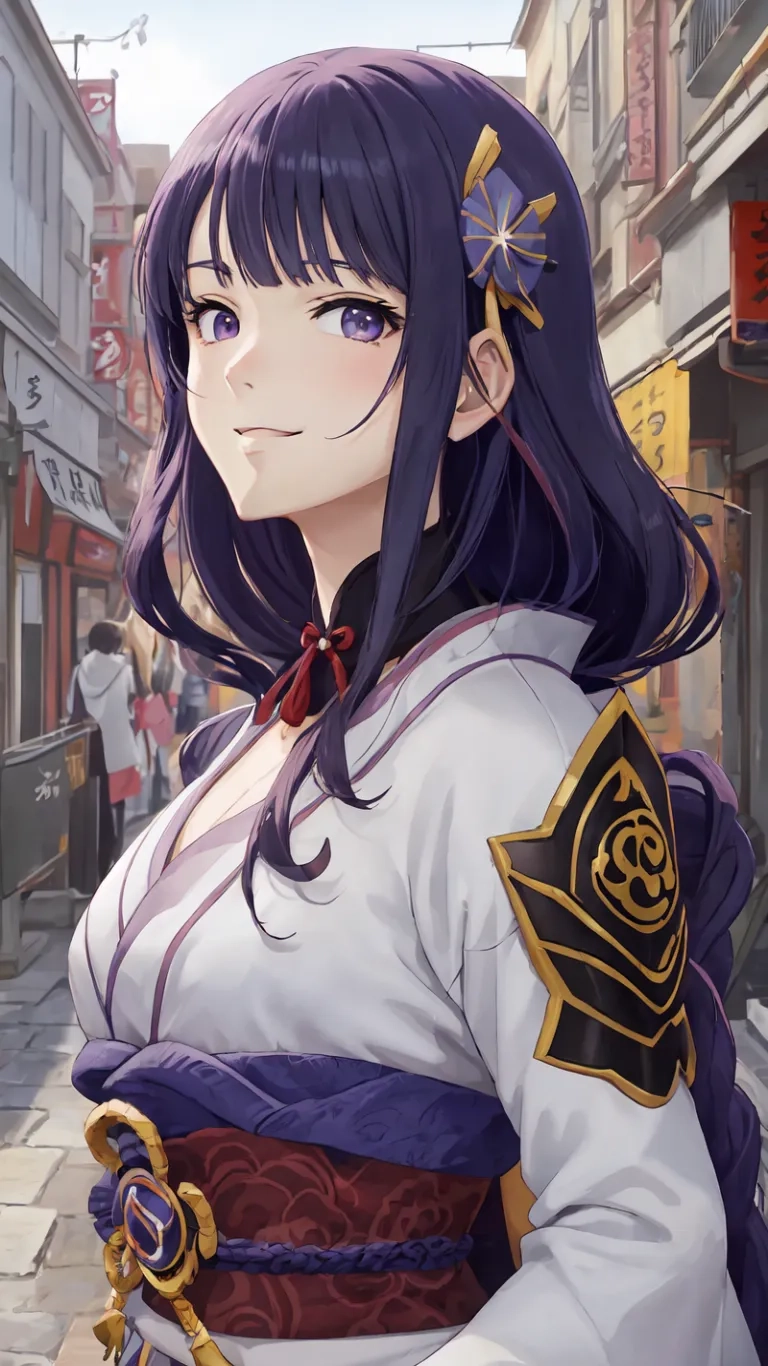 anime woman looking very sad as she holds her weapon on a city street corner with old buildings in the background is a restaurant and store on the right