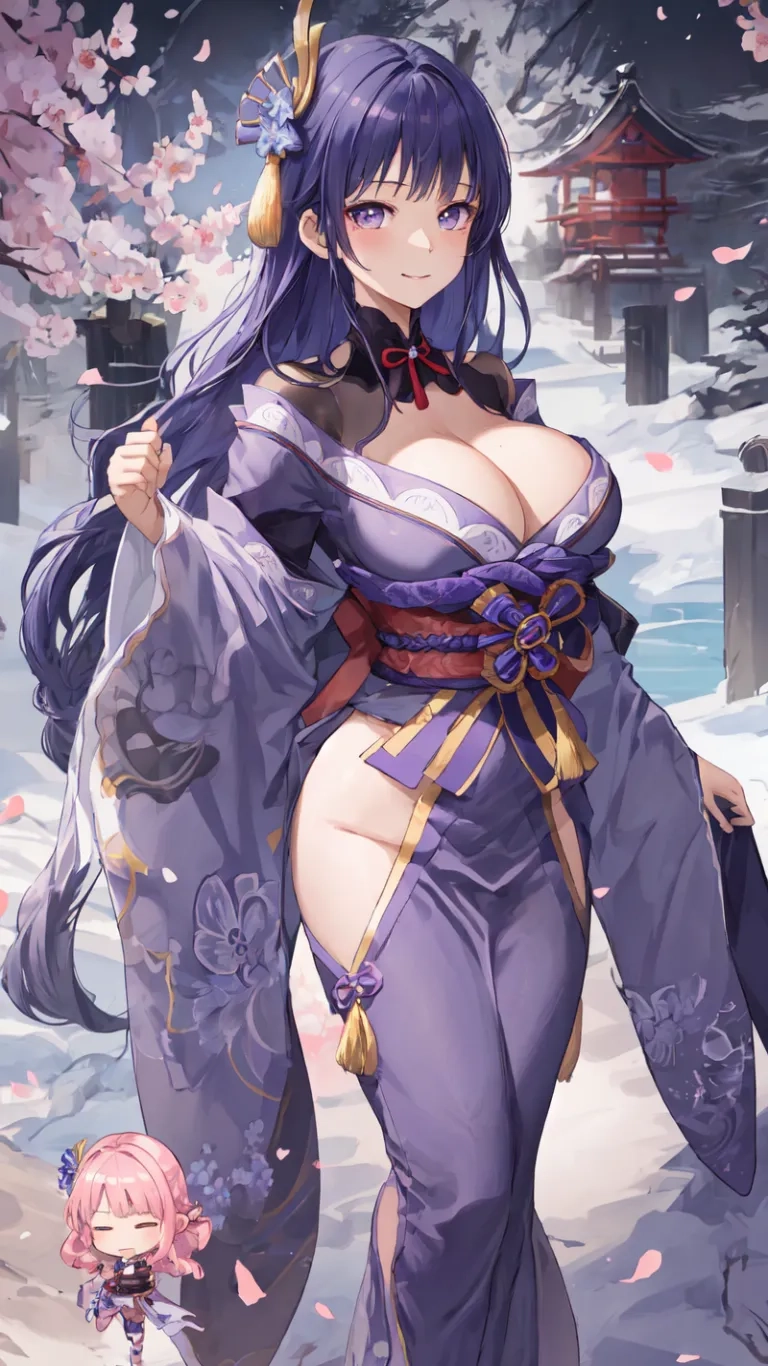 the woman is walking on a street, holding her hand and wearing a kimono dress with japanese style decorations around the body of it and breasts as if for a full body