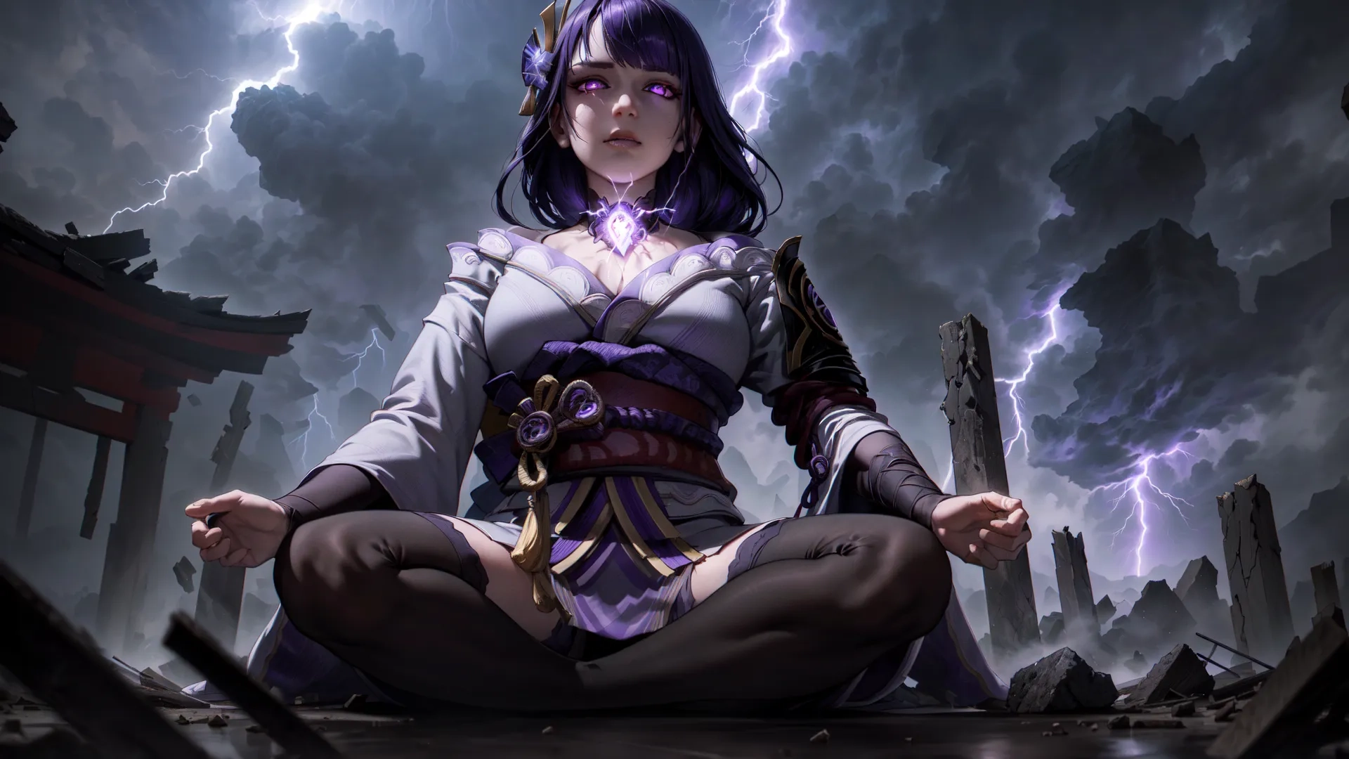 she is relaxing in meditation near an oriental building in the background, on the ground is lightning and there are columns with buildings in front of her