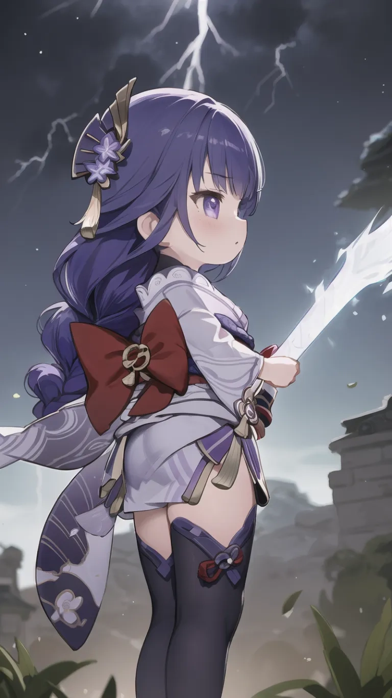 a pretty young woman with a sword standing on a stone wall near trees and lightning in the distance behind her holding the sword, and her right side