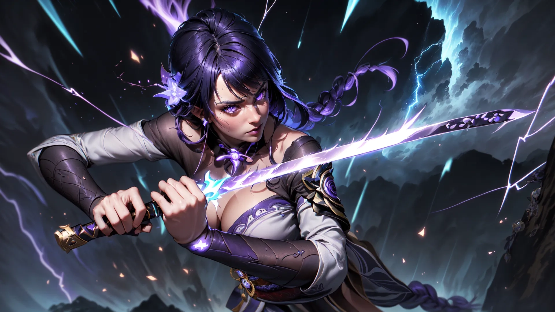 a woman in a purple dress holding a sword on top of a dark cave by some dark clouds, glowing from the sunlight and flashes on her