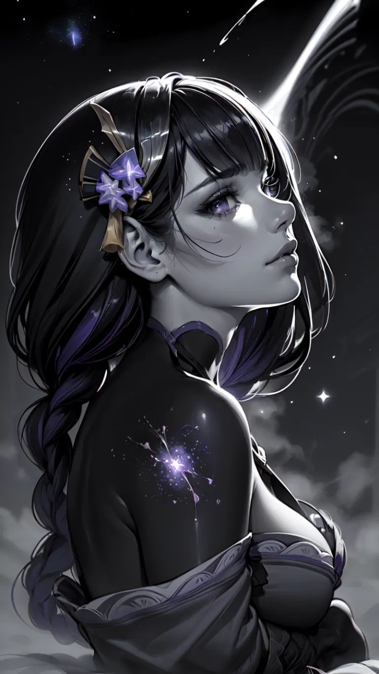 a woman with black hair, wearing a dress and holding a flower in her hand, surrounded by clouds and stars that look like lightnings in the night sky