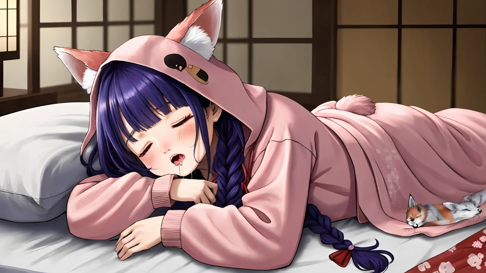 a anime girl in cat ear hoodies laying on a bed with a pillow and a pillow on her legs and headphones on her cat ears