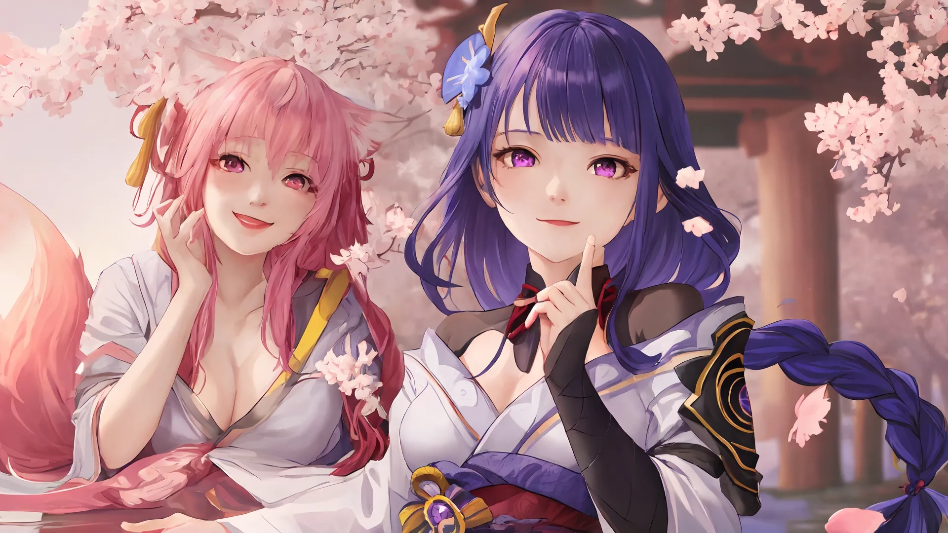 two girls dressed up in colorful uniforms sitting on a bench and talking on their cell phones, some like flowers covering their bodies, and one in the background with cherry blossom
