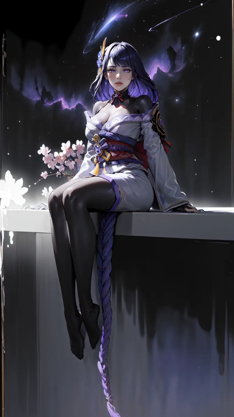 an anime character is sitting atop the floor, staring down on her back legs and neck lengths for the camera as fireworks burst in the sky