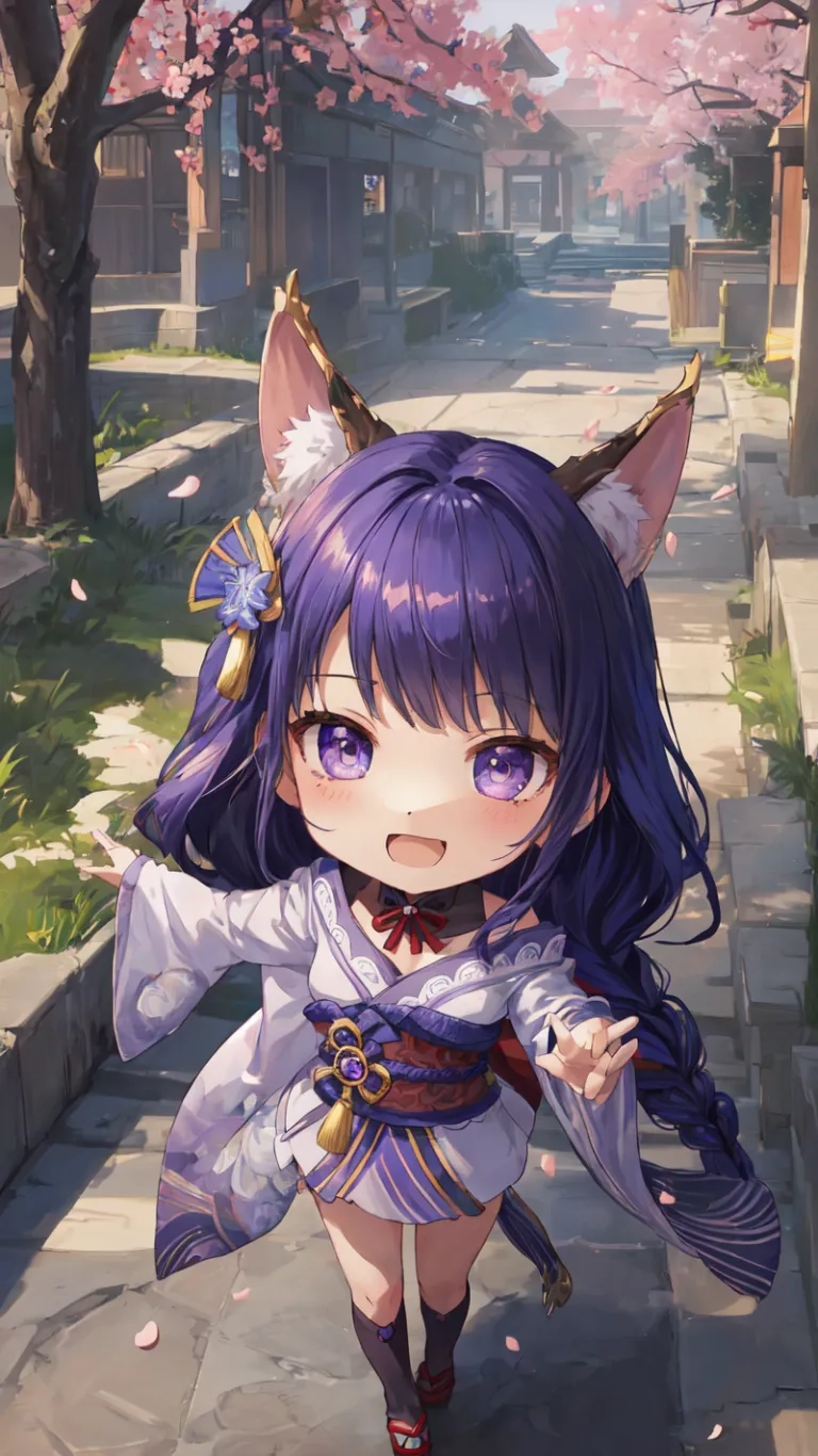 an anime character with cat ears on a pathway near trees and house in the background with a blossom tree at the end of it, which is a woman wearing a blue dress style skirt