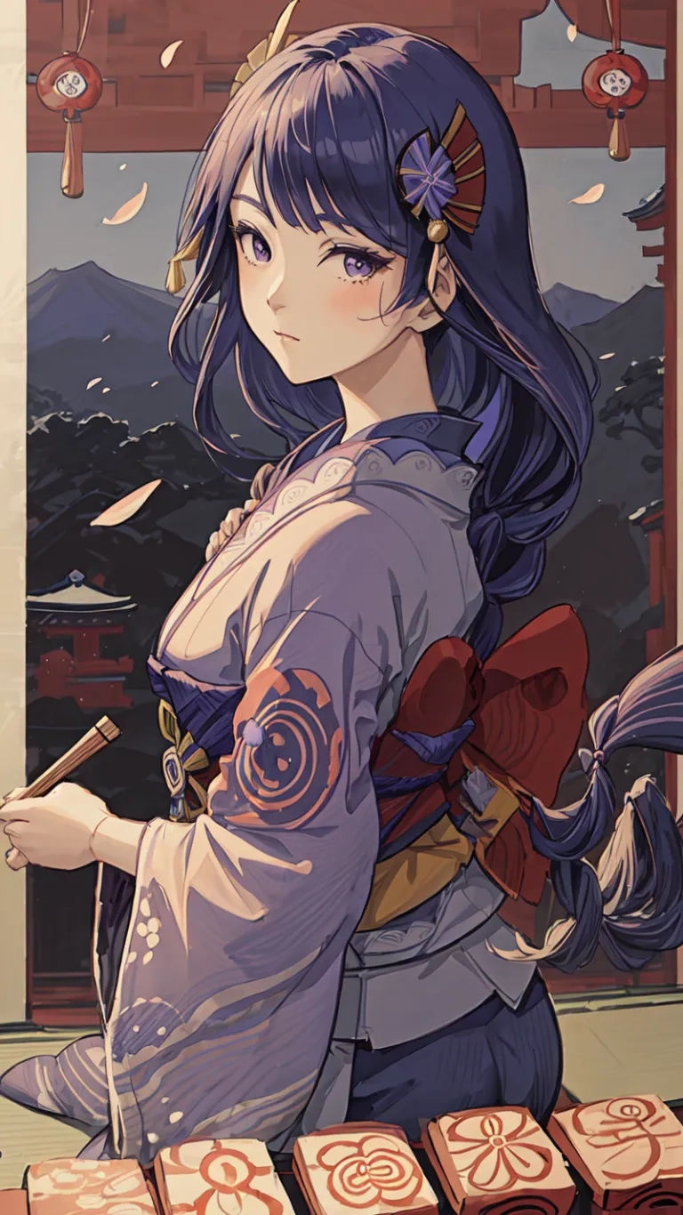a girl standing next to her boxes while holding papers and a wand in her hand in front of a painting of a pagoda behind her'nijoe