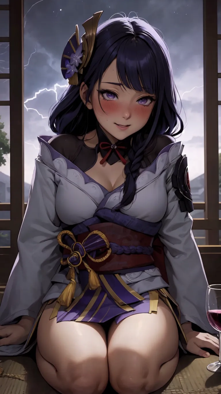 anime girl sitting on the floor with wine and looking outside the window to her left with a sky background and lightning going through the window - clouds
