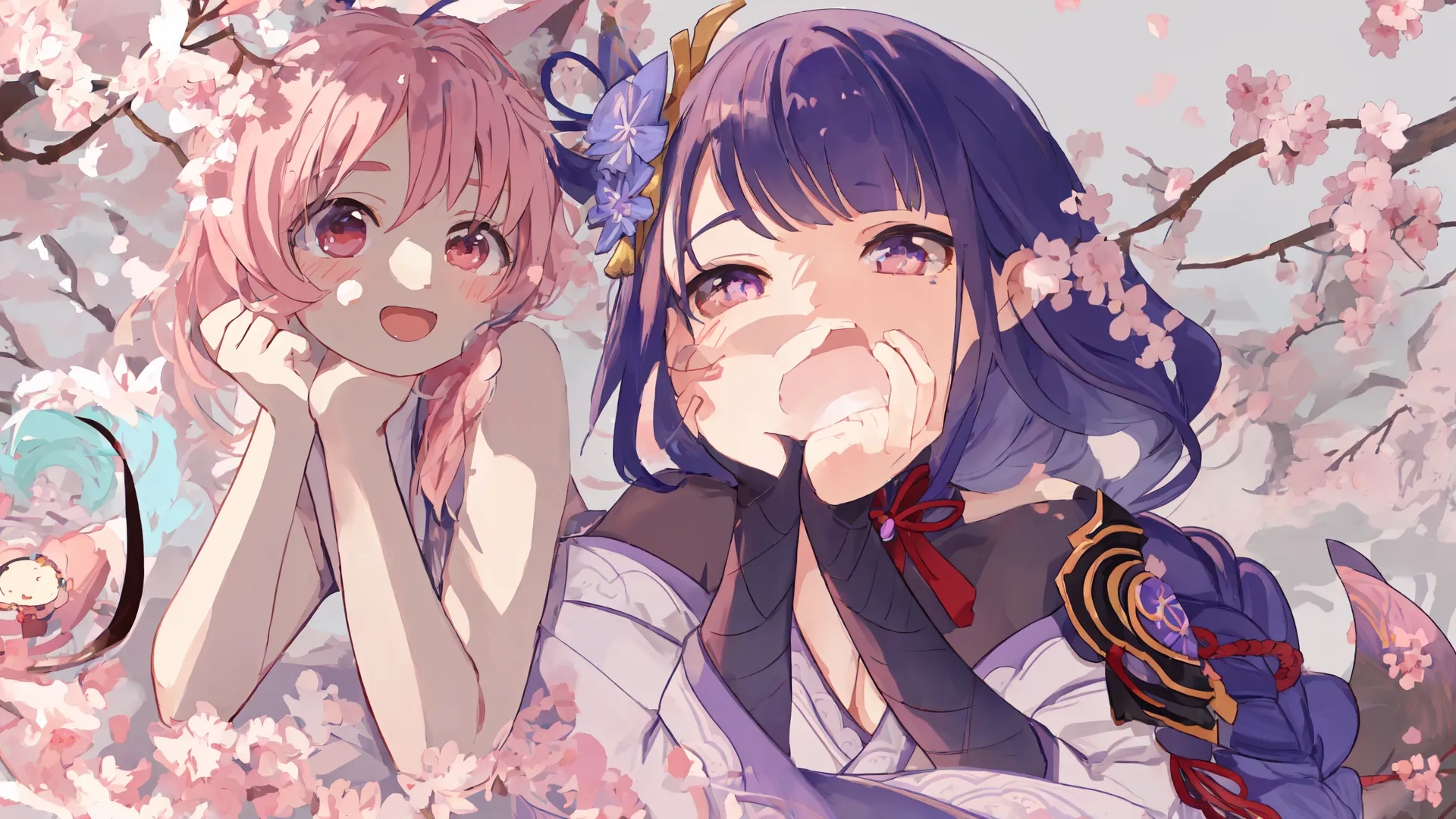 two anime characters are posing for the camera, there are cherry flowers in their hair, and they have ears in front of them are purple haired, with blue eyes