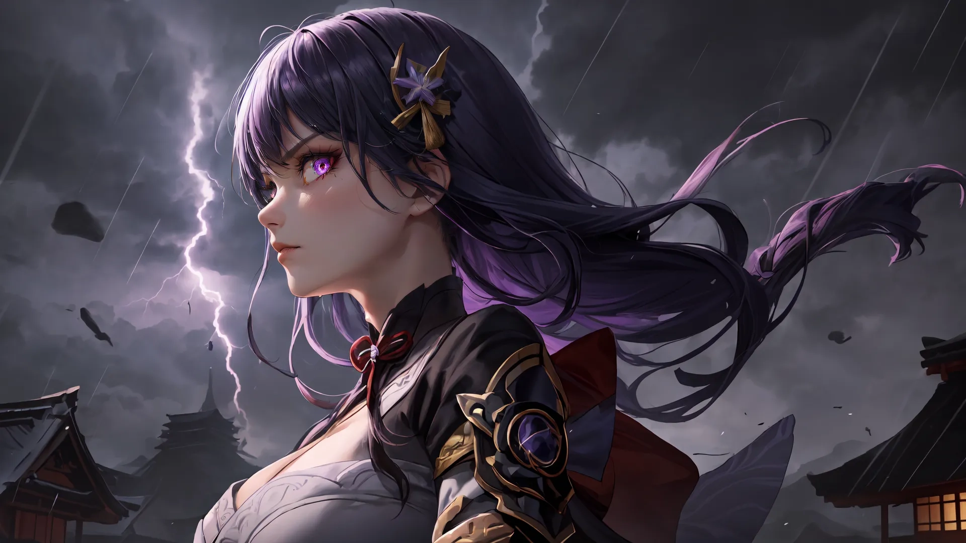 an anime has purple hair and is looking in the direction of a lightning storm on her shoulder she is wearing a gray top and purple shorts and has long