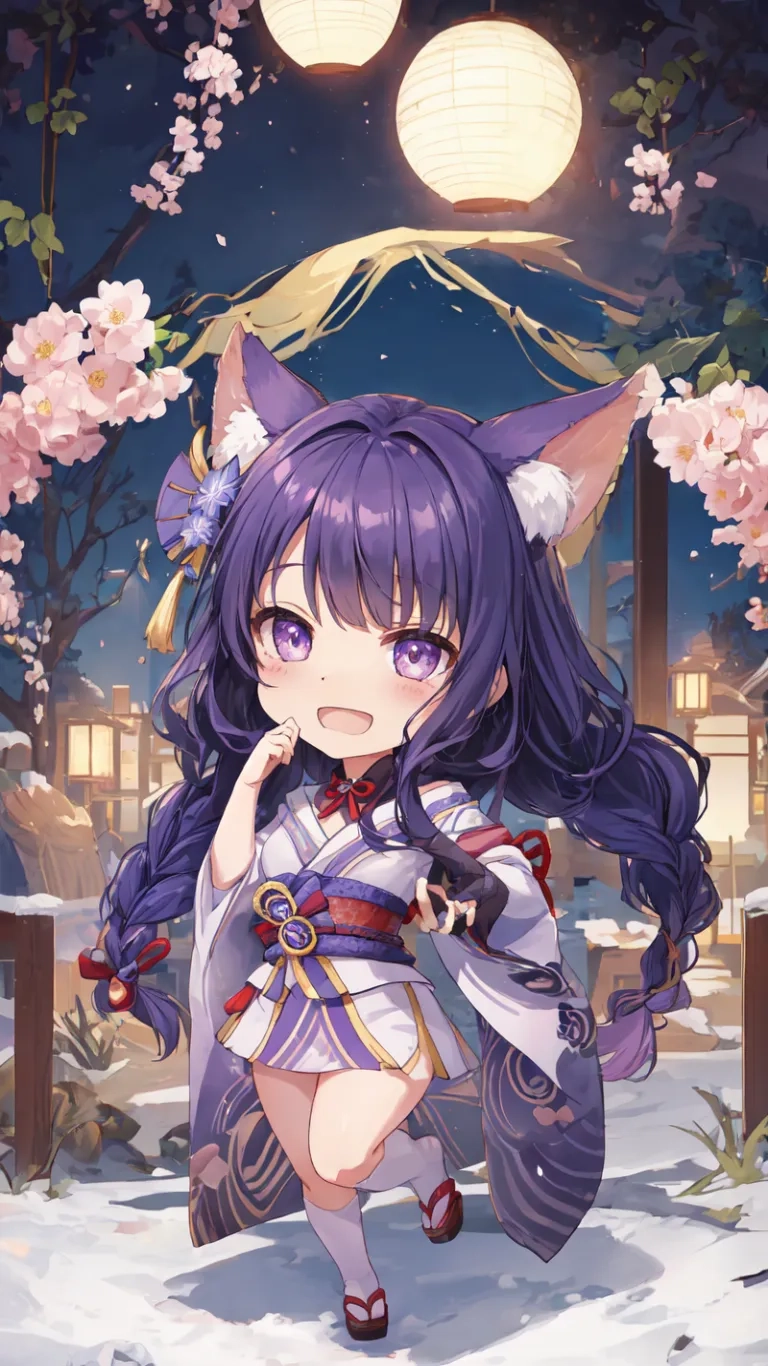 the character is also an anime girl and with long hair, she looks very cute at night sky background, and lanterns over her head in the tree branches