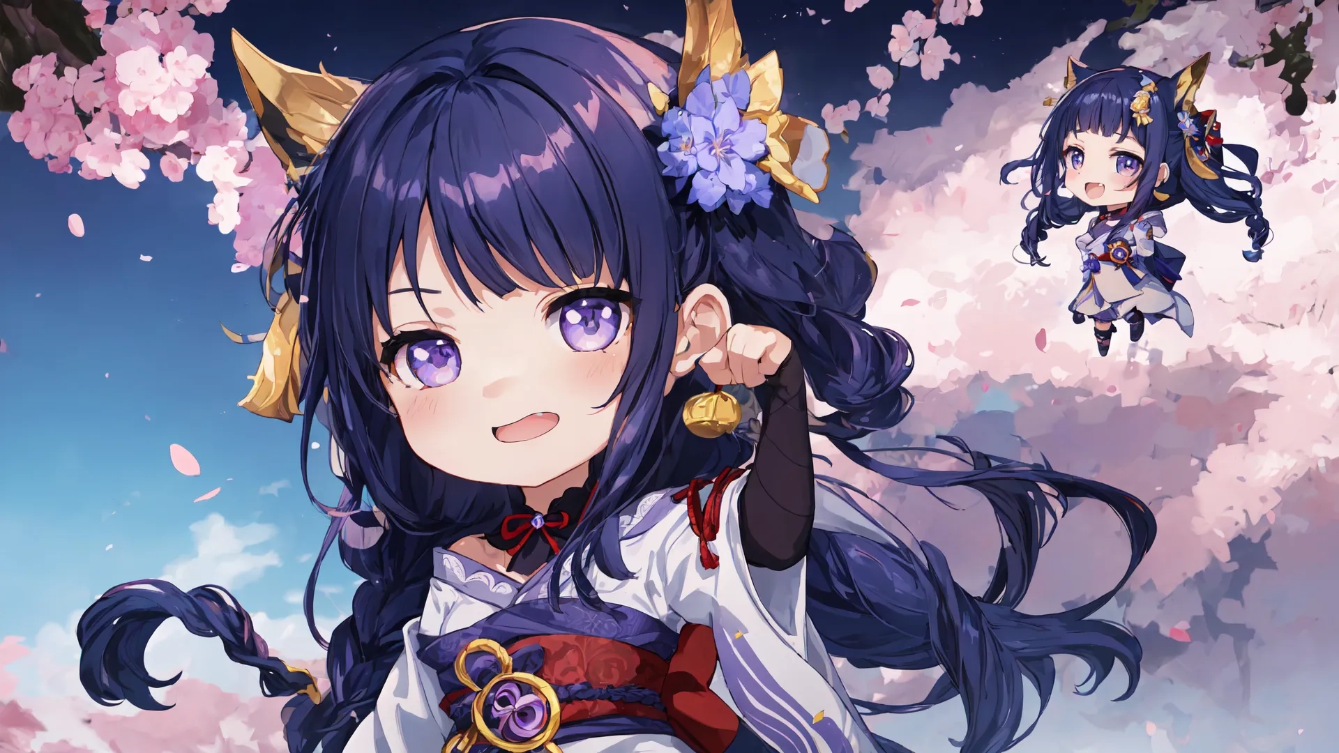 a girl standing under lots of purple flowers wearing horns and a halo surrounded by petals, surrounded by cherry blossoms, on a blue sky background that has pink, and yellow and green tree