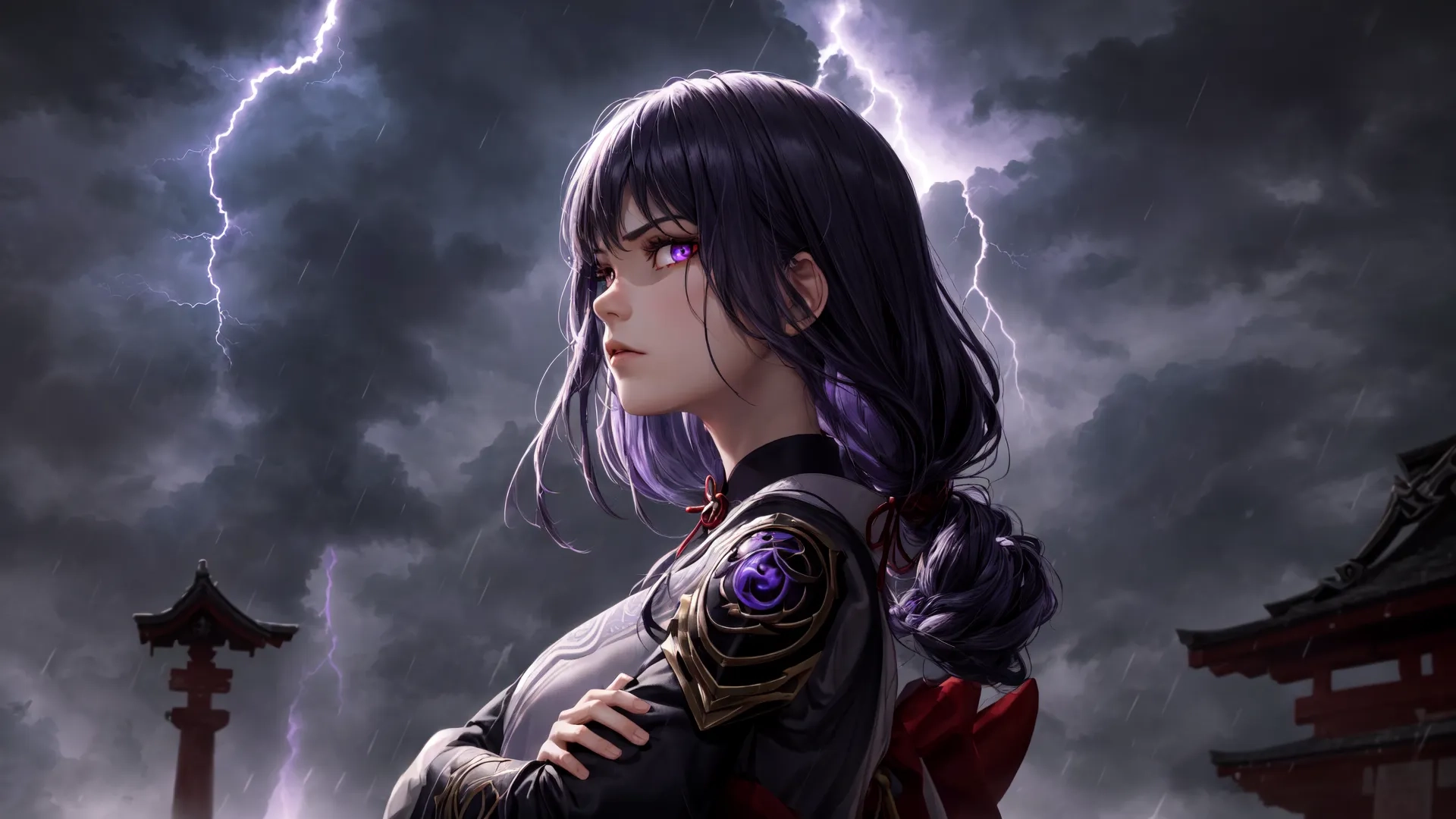 a young female knight standing in front of some building under a cloudy sky with lightning coming down behind her and two purple eyeballs on the back
