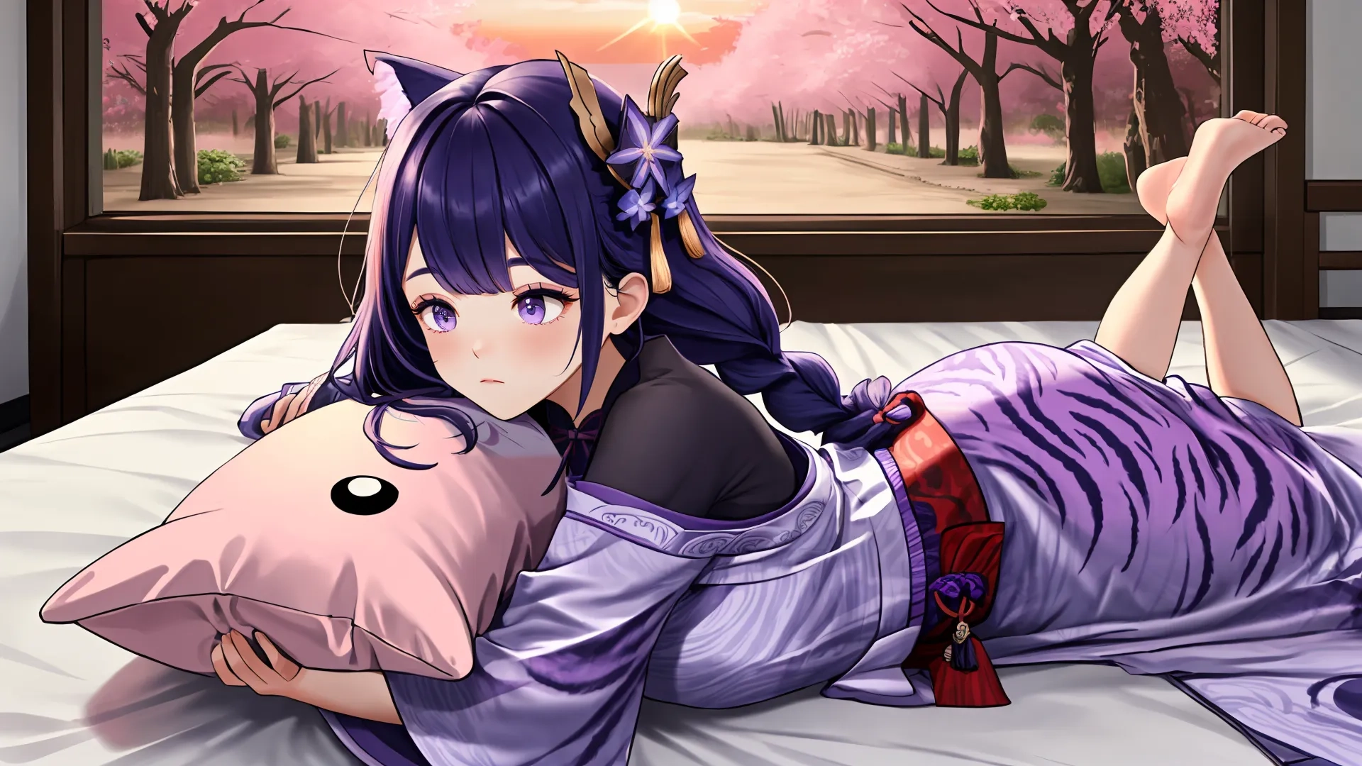 a girl laying on a white bed on top of a pink pillow on a bedpread that says'cat tail pillow'and with a girl is laying next to you