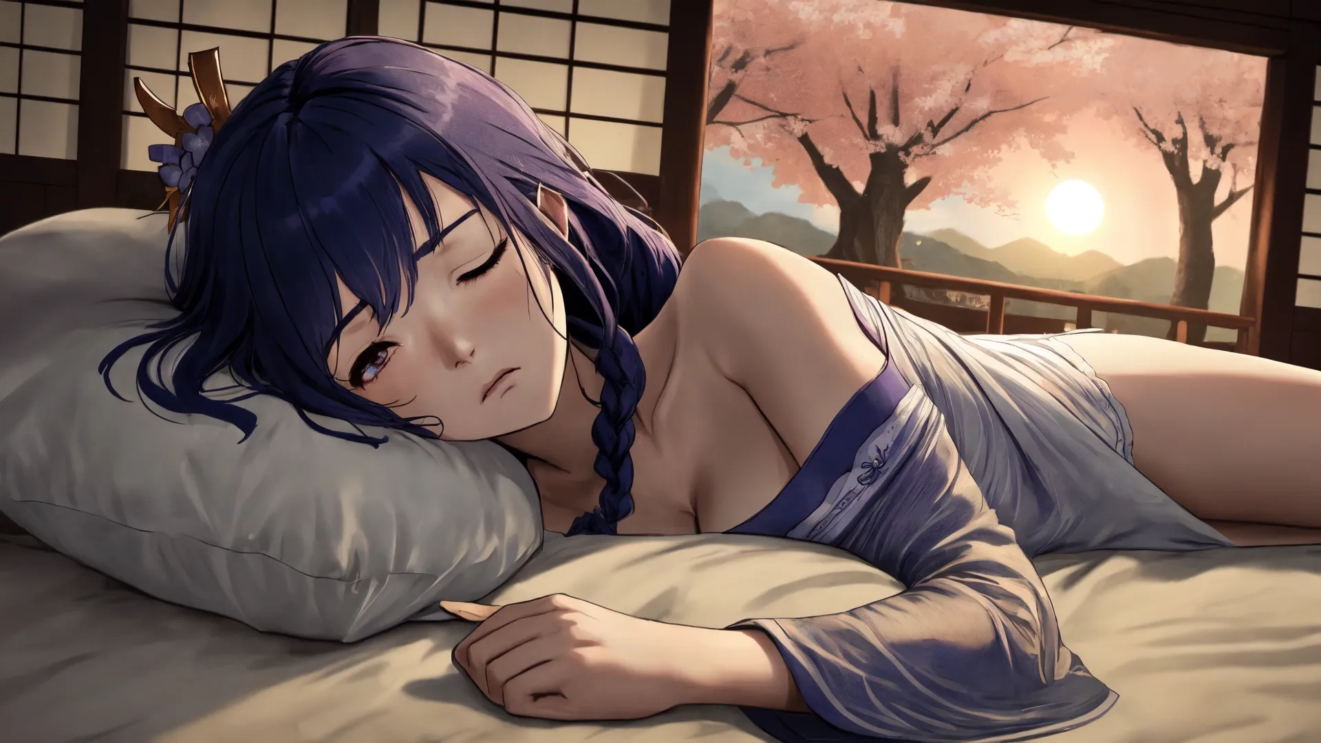 anime girl laying on a bed with pillows in front of windows and a tree outside of the room, with a blanket around her and pillows on the side to the floor