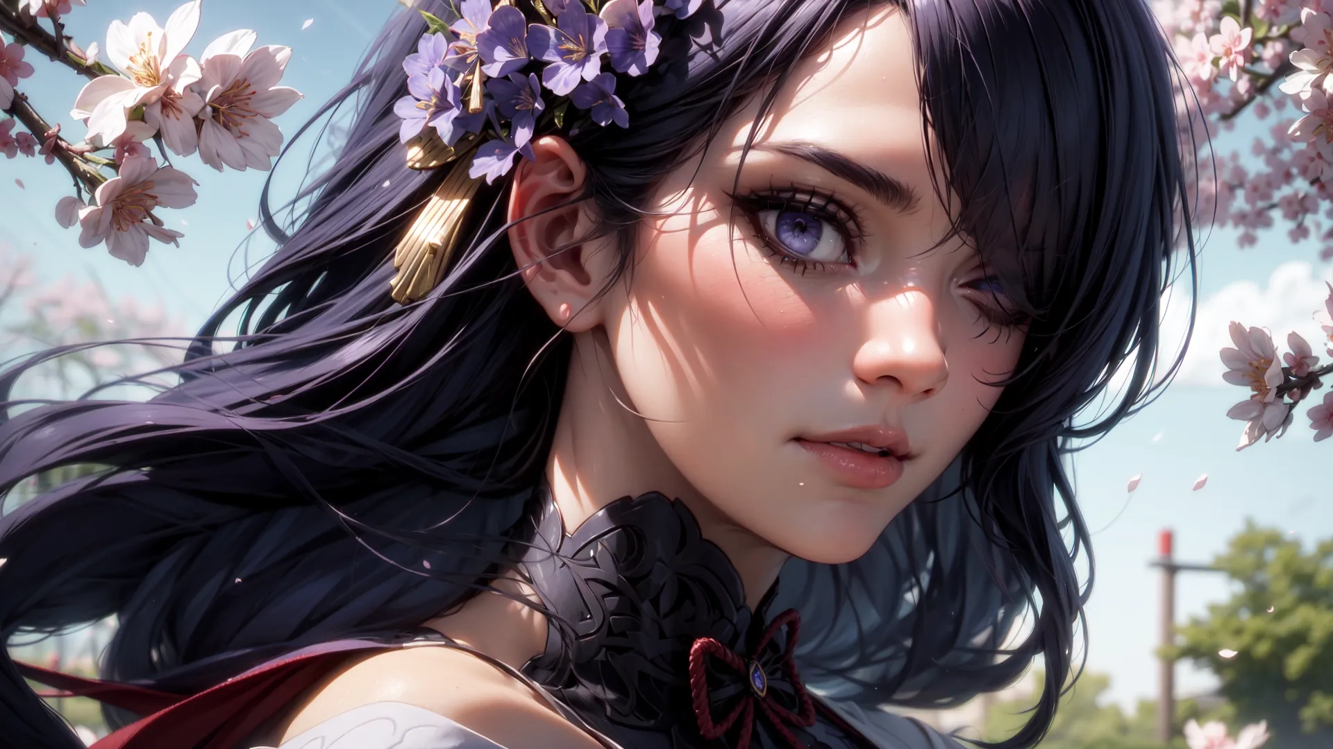 there is a woman with flowers on her head standing in front of flowers that are beginning to bloom off of purple petals and red ones around them