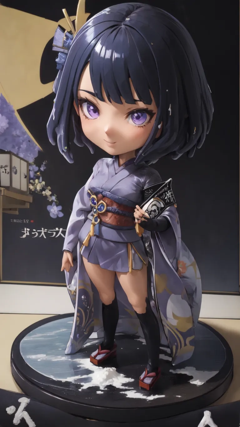 the doll is looking at something in the picture and its costume has been printed on it, a little girl holding an empty sword, with long purple hands