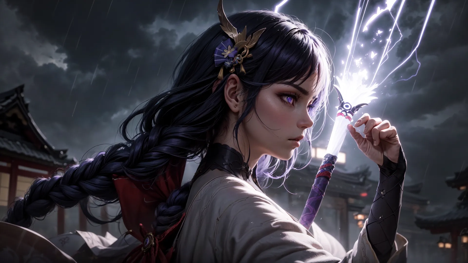 the woman is dressed as a fairy holding her wand with lightning flying overhead and raining in the background through a cloudy sky under dark clouds - colored umbrella