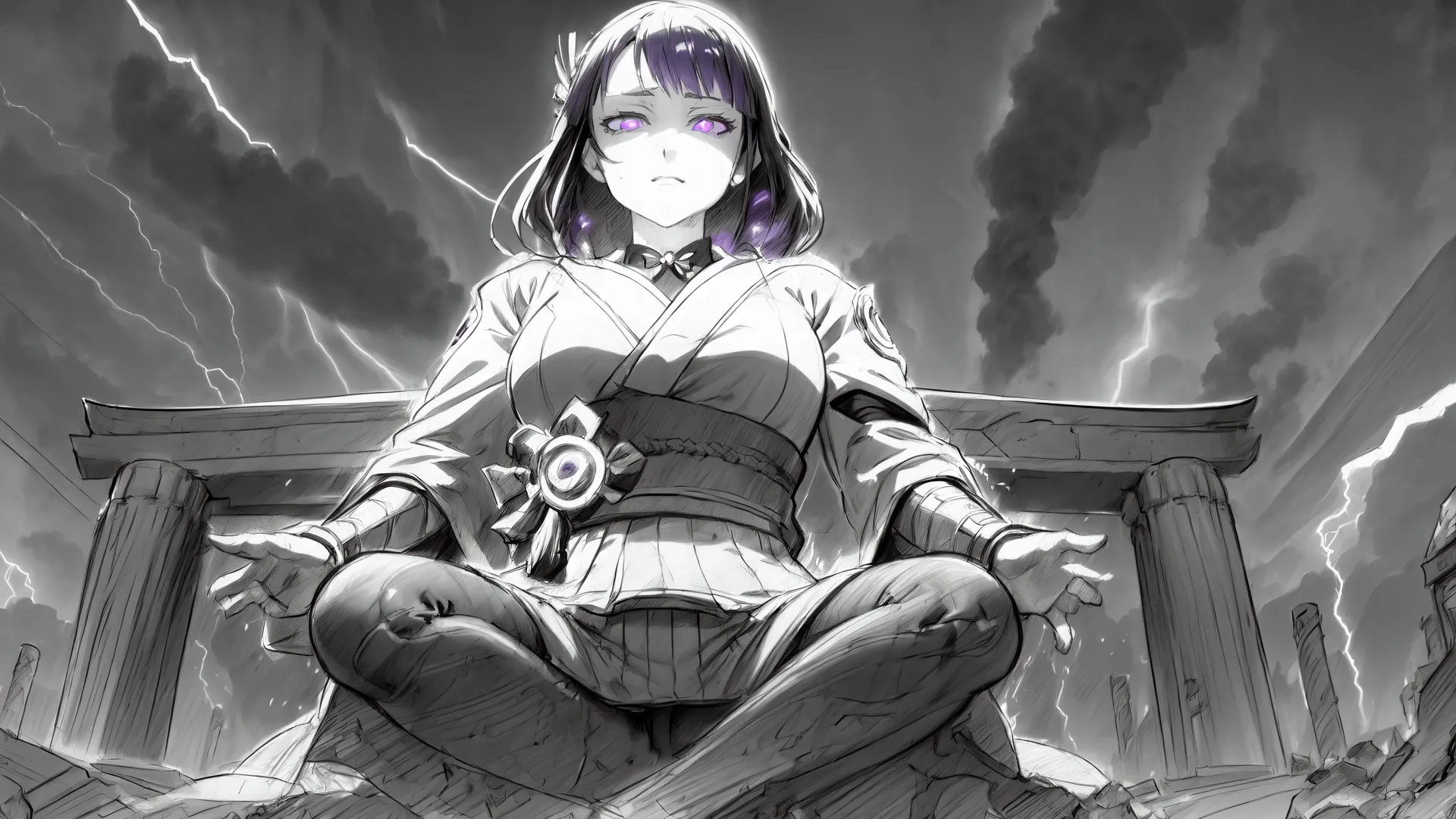 a woman sitting in the middle of a stone bench with lightnings above her and buildings in the background behind her are clouds of smoke and some kind of rain