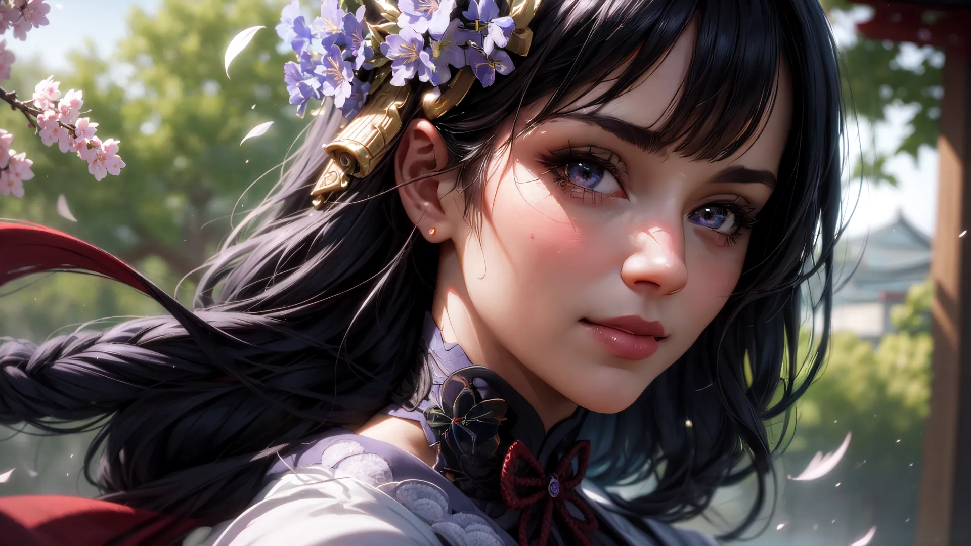 the face of a person with long hair wearing flowers in their hand near a river and houses in the background near some trees and bushes with pink flowers